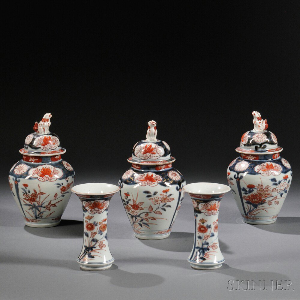 Appraisal: Garniture Suite of Five Imari Vessels Japan th century three