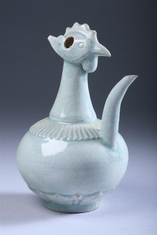 Appraisal: CHINESE QINGBAI PORCELAIN ROOSTER HEAD EWER Globular body molded with