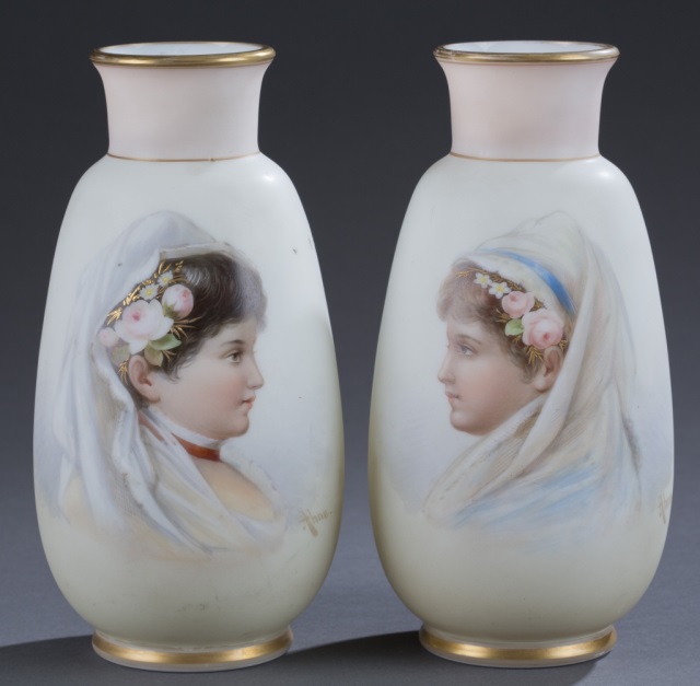 Appraisal: Pair of Josef Ahne Painted Bohemian Vases Each with gilt