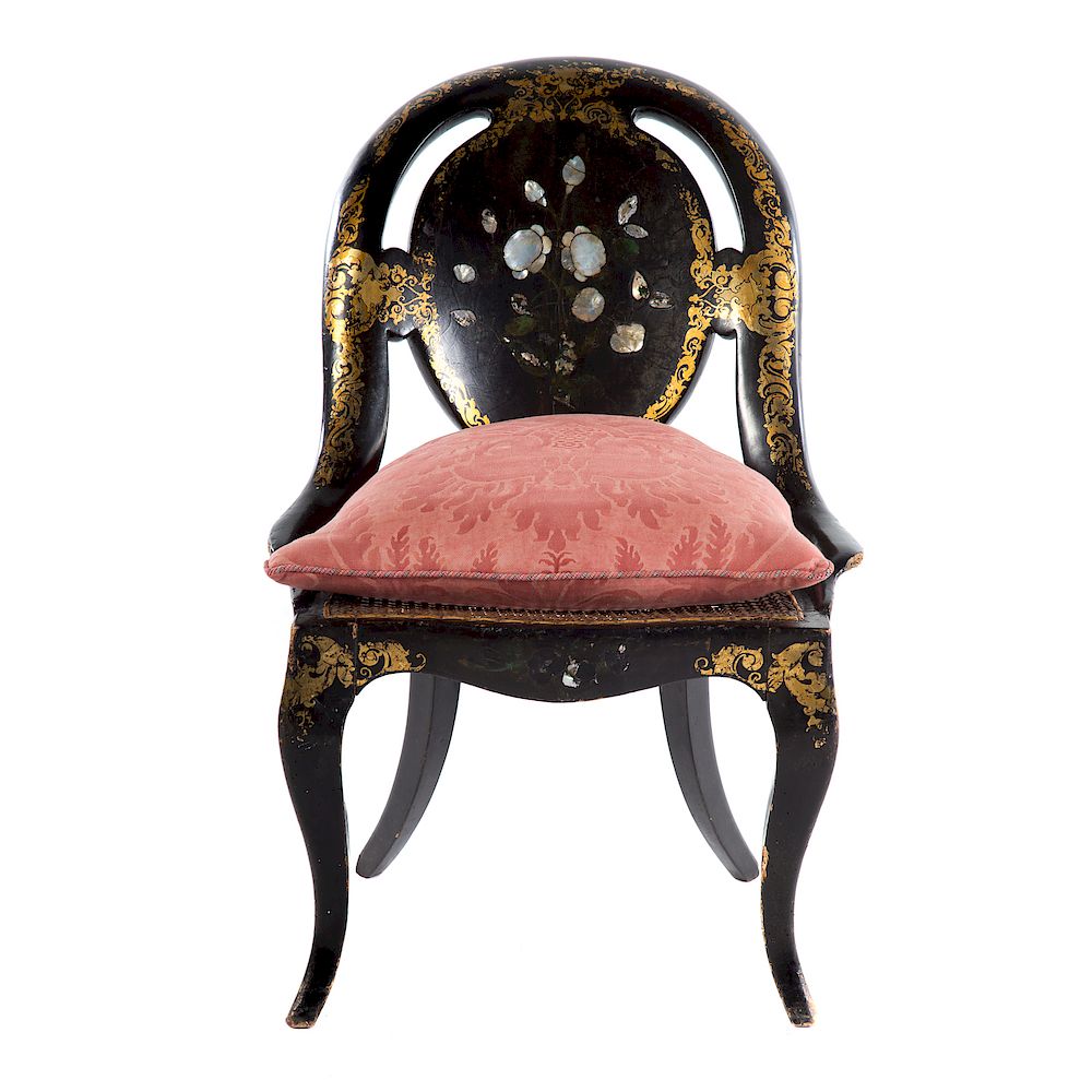 Appraisal: Japanned Papier Mache Gondola Chair Mid- th century gilt and