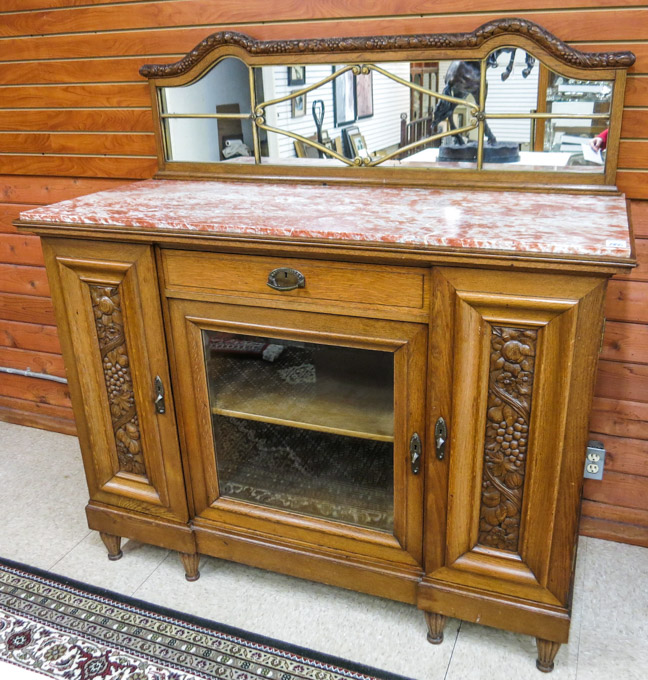 Appraisal: CARVED OAK SIDEBOARD Belgian early th century having a mirror