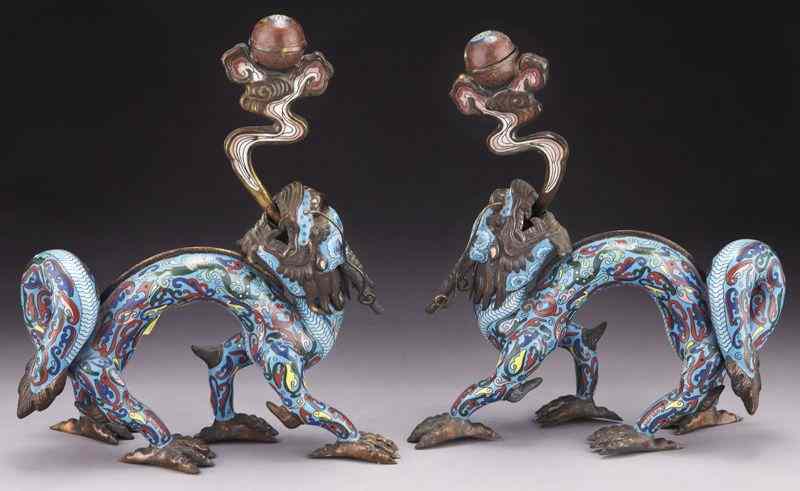 Appraisal: Pr Chinese cloisonne dragon candlesticks ''H x ''W Circa -