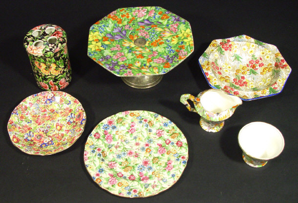 Appraisal: Group of Chintz patterned china items including a chrome based