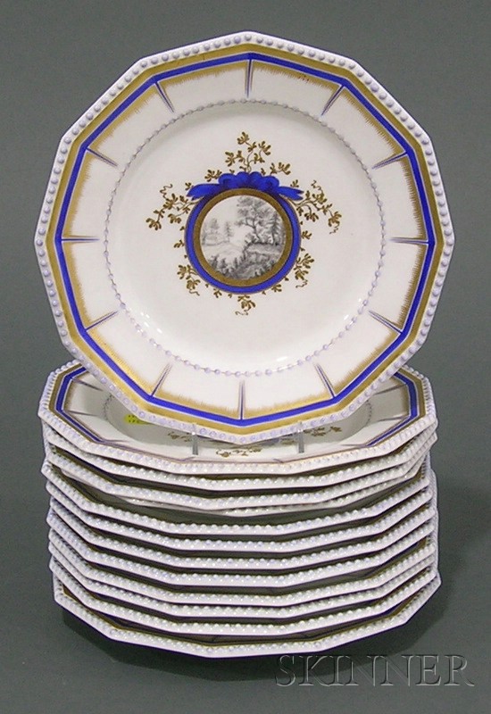 Appraisal: Thirteen Nymphenburg Porcelain Grisaille and Cobalt Enamel Decorated Dinner Plates