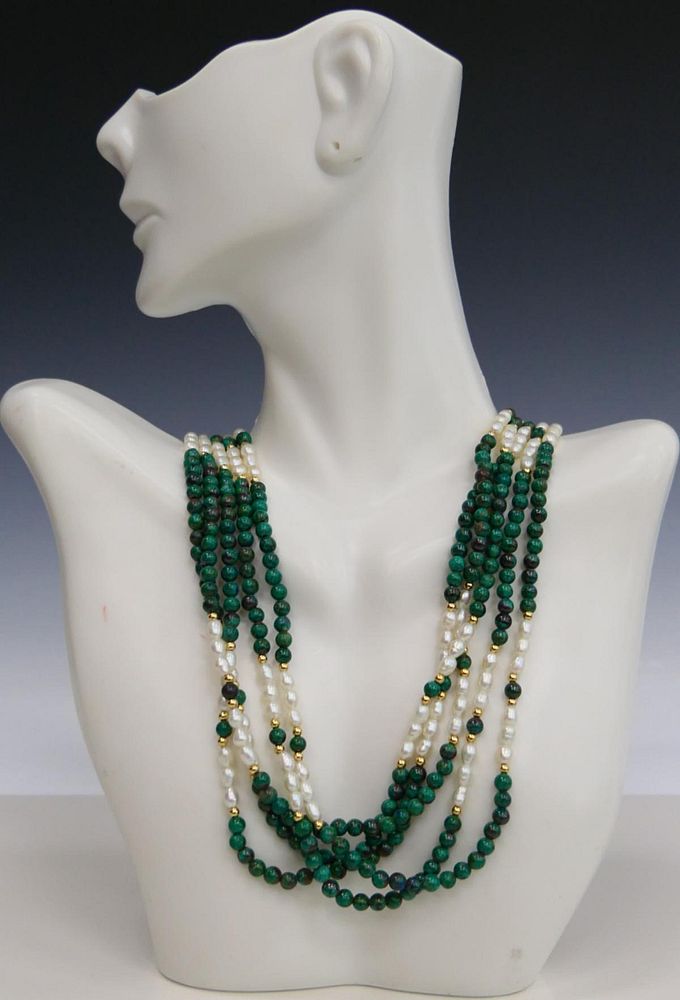 Appraisal: KT GOLD MALACHITE PEARL MULTI STRAND NECKLACE KT gold clasp