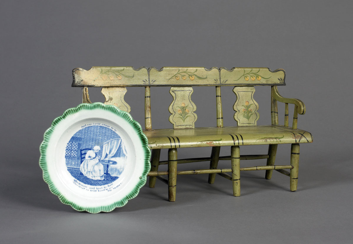 Appraisal: MINIATURE PENNSYLVANIA SHERATON TRIPLE CHAIRBACK BENCH PAINTED GREEN AND FLORAL