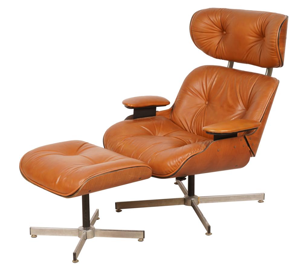 Appraisal: GEORGE MULHAUSER FOR PLYCRAFT LOUNGE CHAIRunsigned brown leather laminated wood