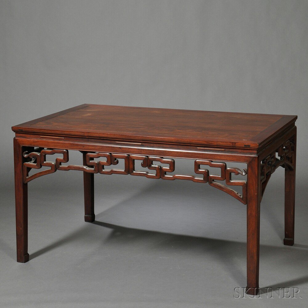 Appraisal: Large Table China hardwood apron with openwork scroll beaded squared