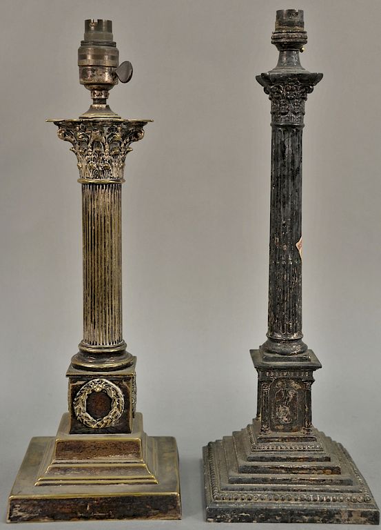 Appraisal: Pair of silver plated column candlesticks made into lamps ht