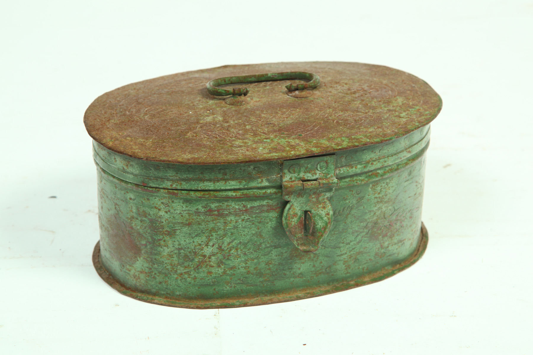 Appraisal: SAFE BOX American early th century copper Oval with engraved