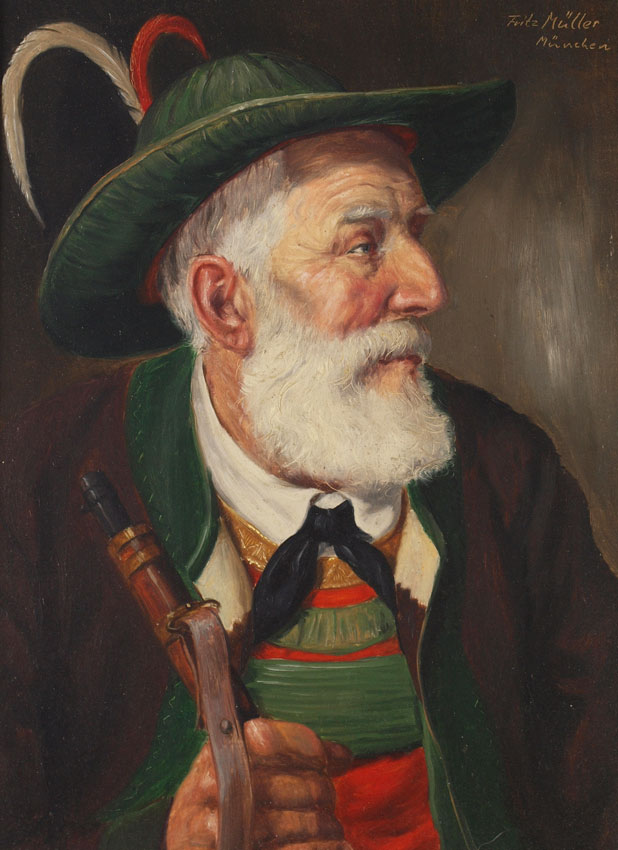 Appraisal: MULLER Fritz Flemish - White bearded German man with rifle