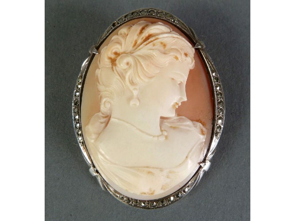 Appraisal: OVAL SHELL CAMEO BROOCH carved with the head of a