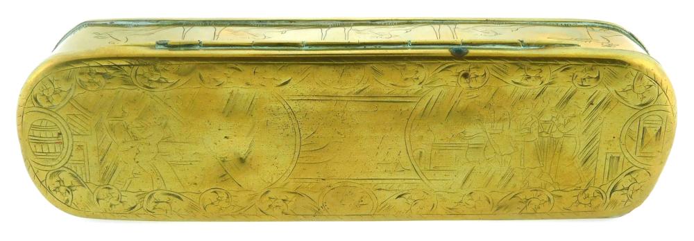 Appraisal: th C Dutch brass tobacco box hinged lid oblong engraved