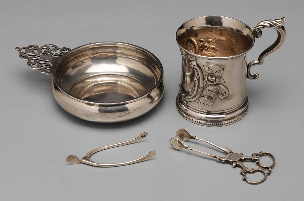 Appraisal: Four Pieces Silver coin silver cup with scroll handle bead