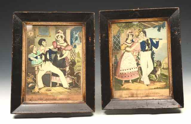 Appraisal: A PAIR OF TH CENTURY HAND COLOURED ENGRAVINGS with silk