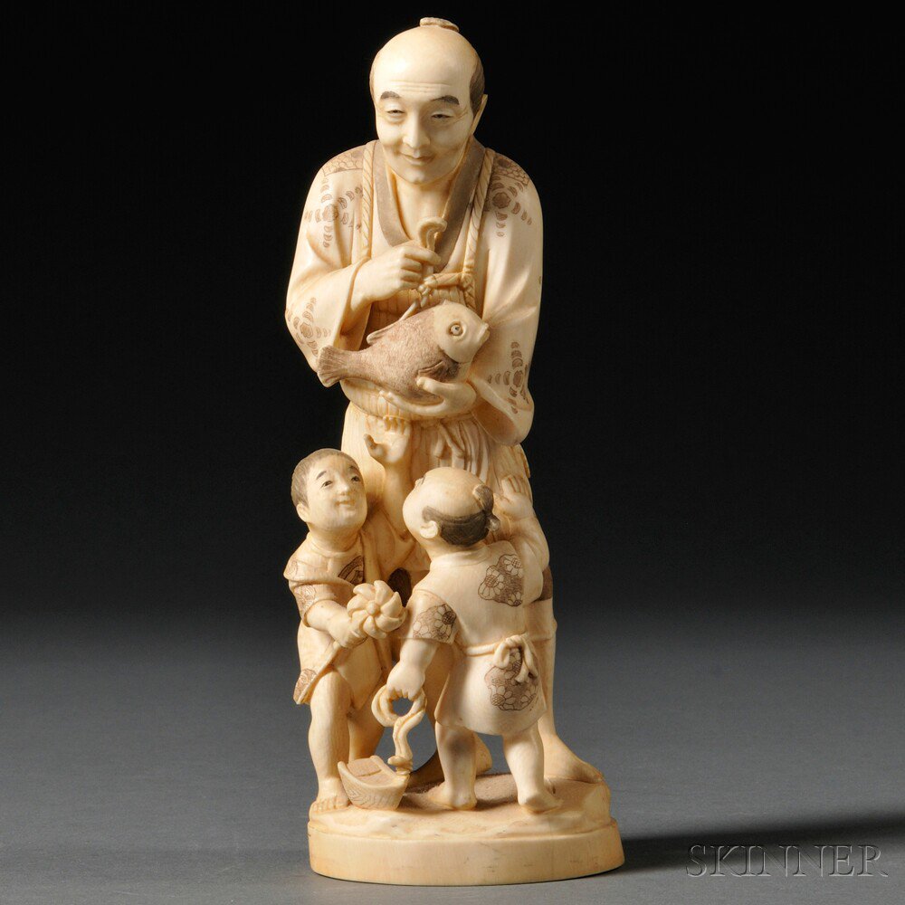 Appraisal: Ivory Carving of a Man with Two Children Japan standing