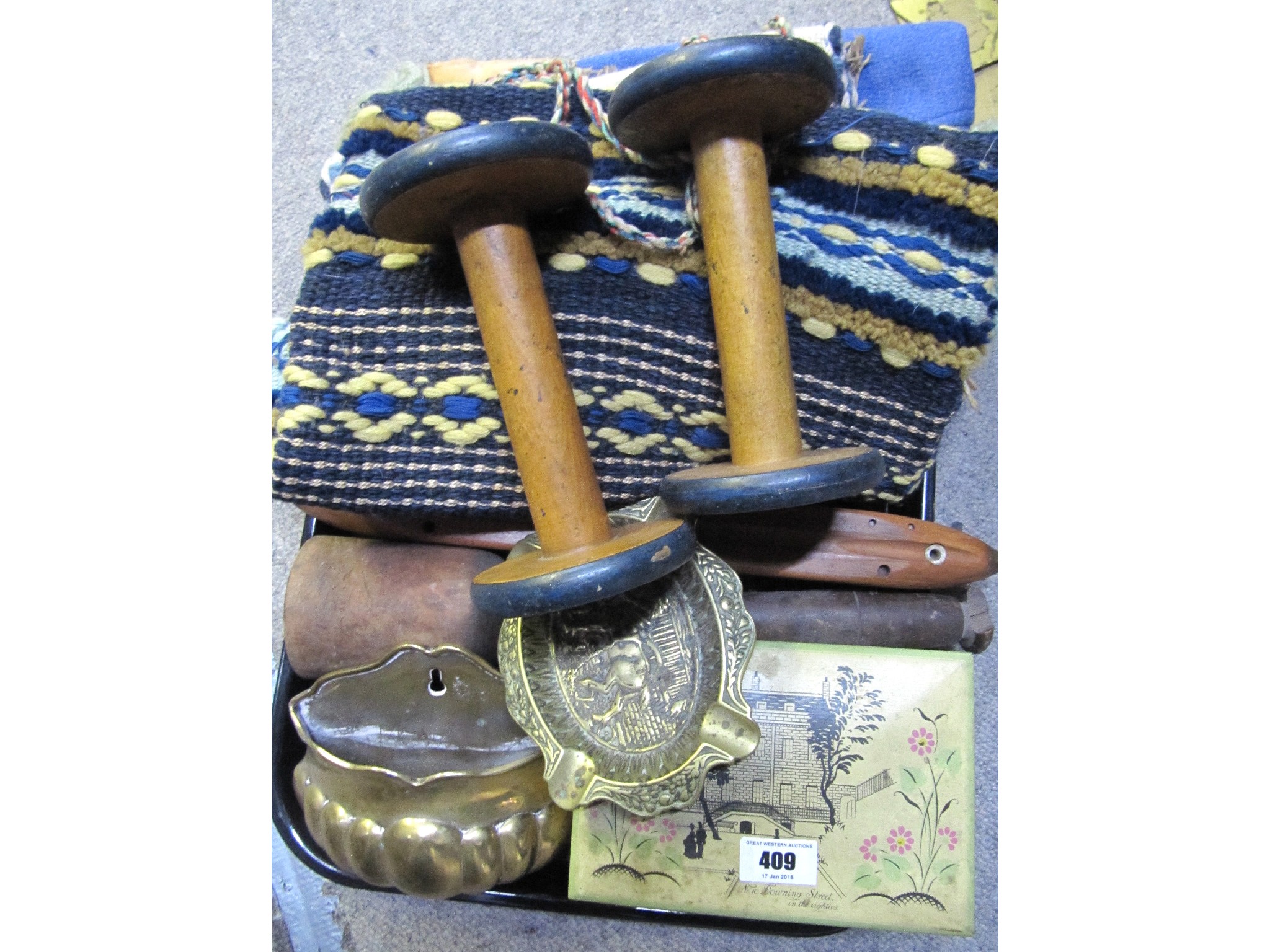 Appraisal: A tray lot of miscellania - throw wooden dumbbells loom