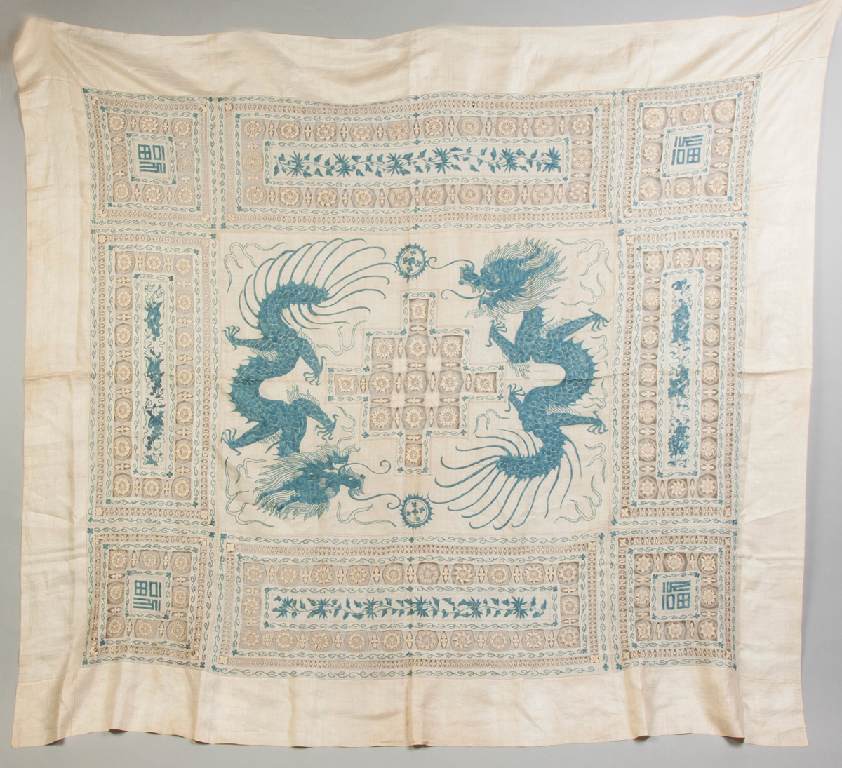 Appraisal: Chinese Embroidered Tablecloth with Dragons Early th cent