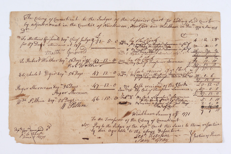 Appraisal: ROGER SHERMAN CONNECTICUT JUDICIAL AND TREASURY DOCUMENT From the original