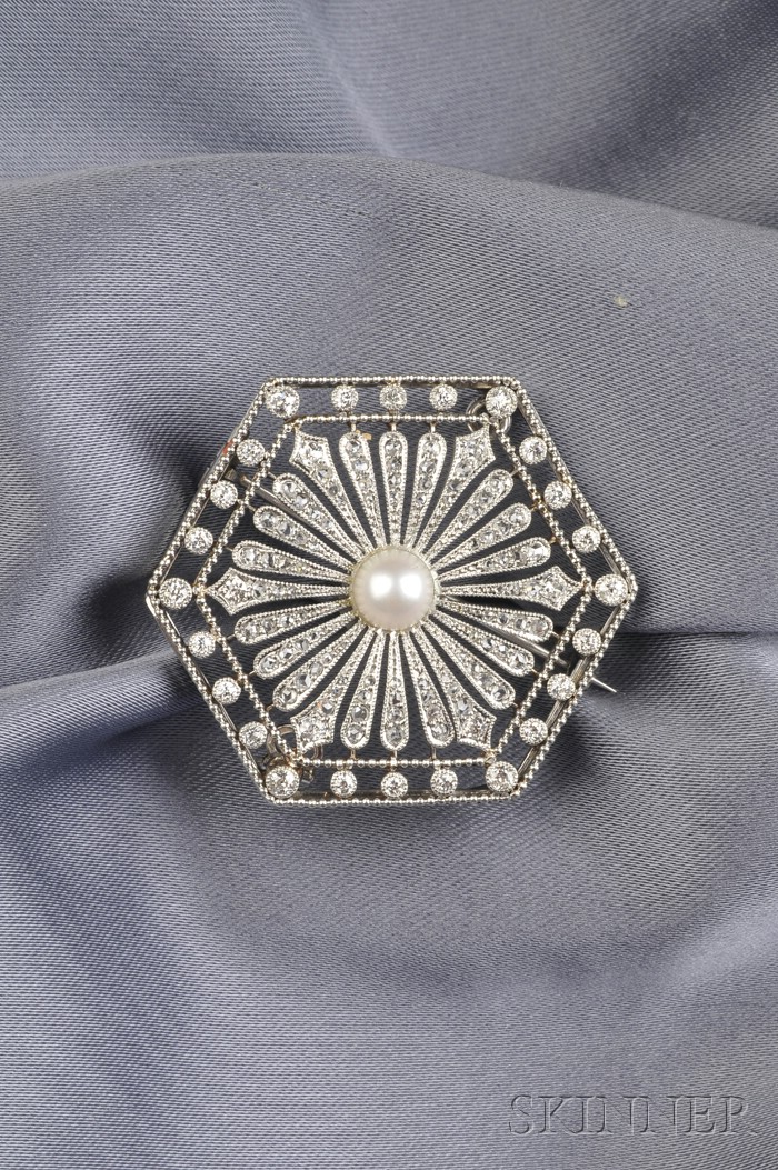 Appraisal: Edwardian Platinum Cultured Pearl and Diamond Pendant Brooch of hexagonal