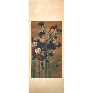 Appraisal: CHINESE SCROLL Hand-painted with polychrome chrysanthemums China th c x