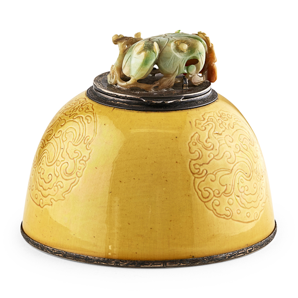 Appraisal: YELLOW GLAZED BEEHIVE WATER POT MOUNTED AS AN INKWELL THE