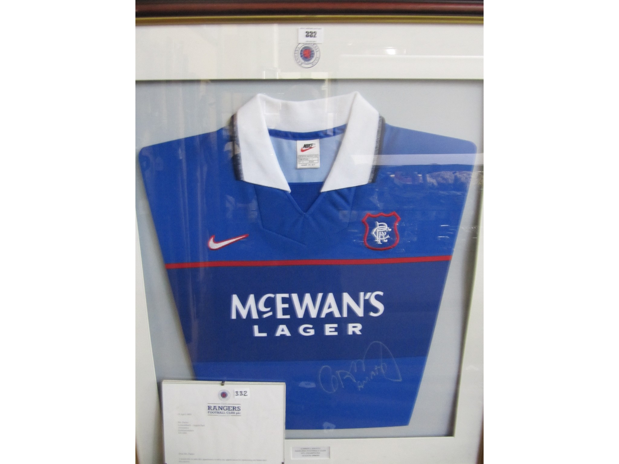 Appraisal: A lot comprising a framed Rangers top signed by Gabriel