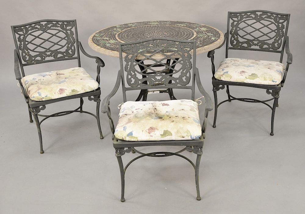 Appraisal: Mosaic tile outdoor table and three outdoor armchairs ht in