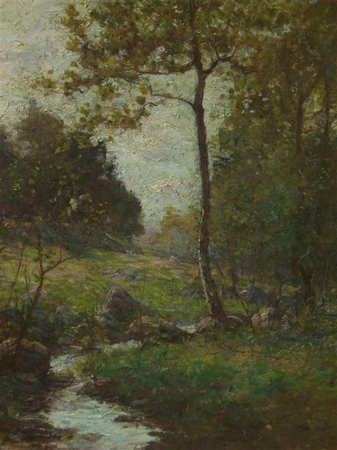 Appraisal: HAL ROBINSON AMERICAN - WOODED LANDSCAPE WITH CREEK Oil on