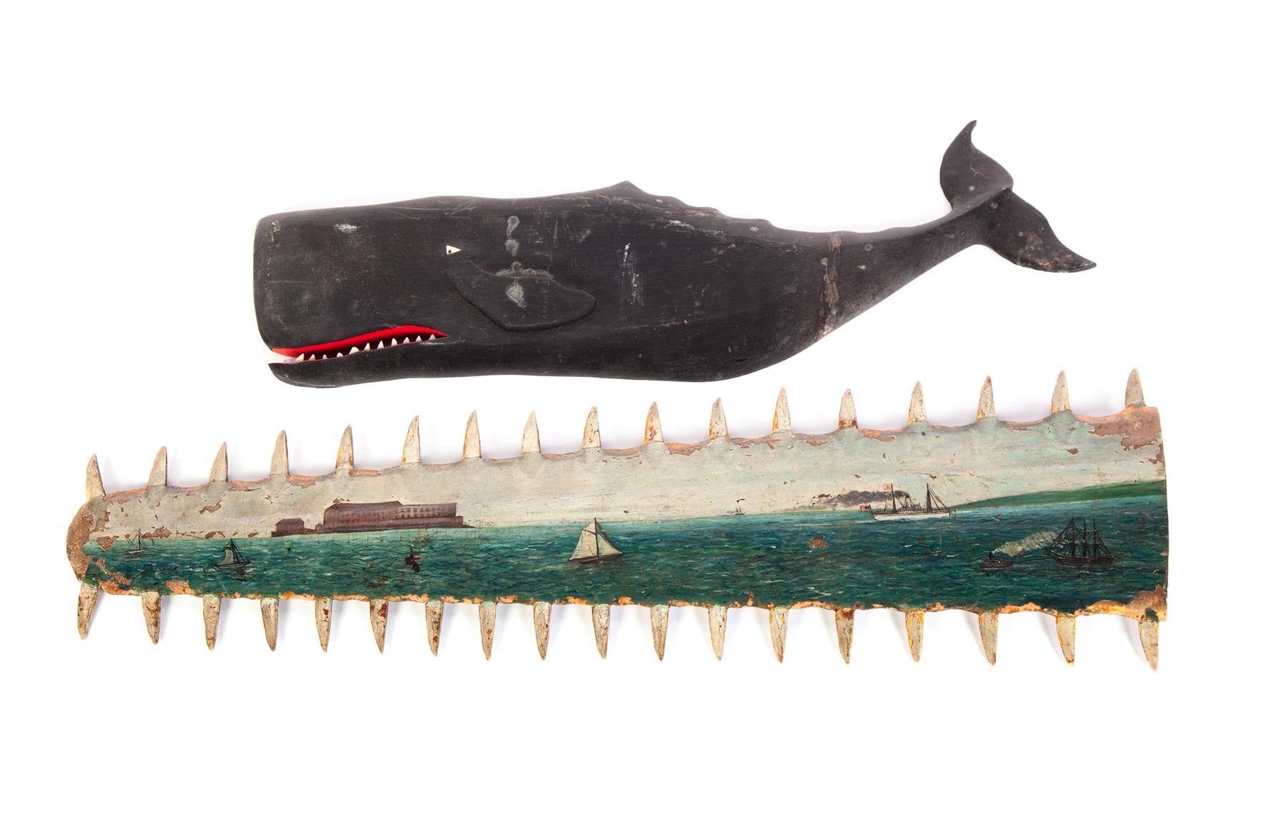 Appraisal: CARVED WHALE PLAQUE AND PAINTED SAWTOOTH SNOUT Twentieth century Folk