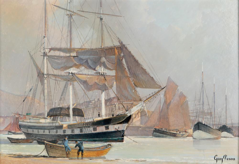 Appraisal: GUY PERON B BOATS IN HARBORoil on board signed lower