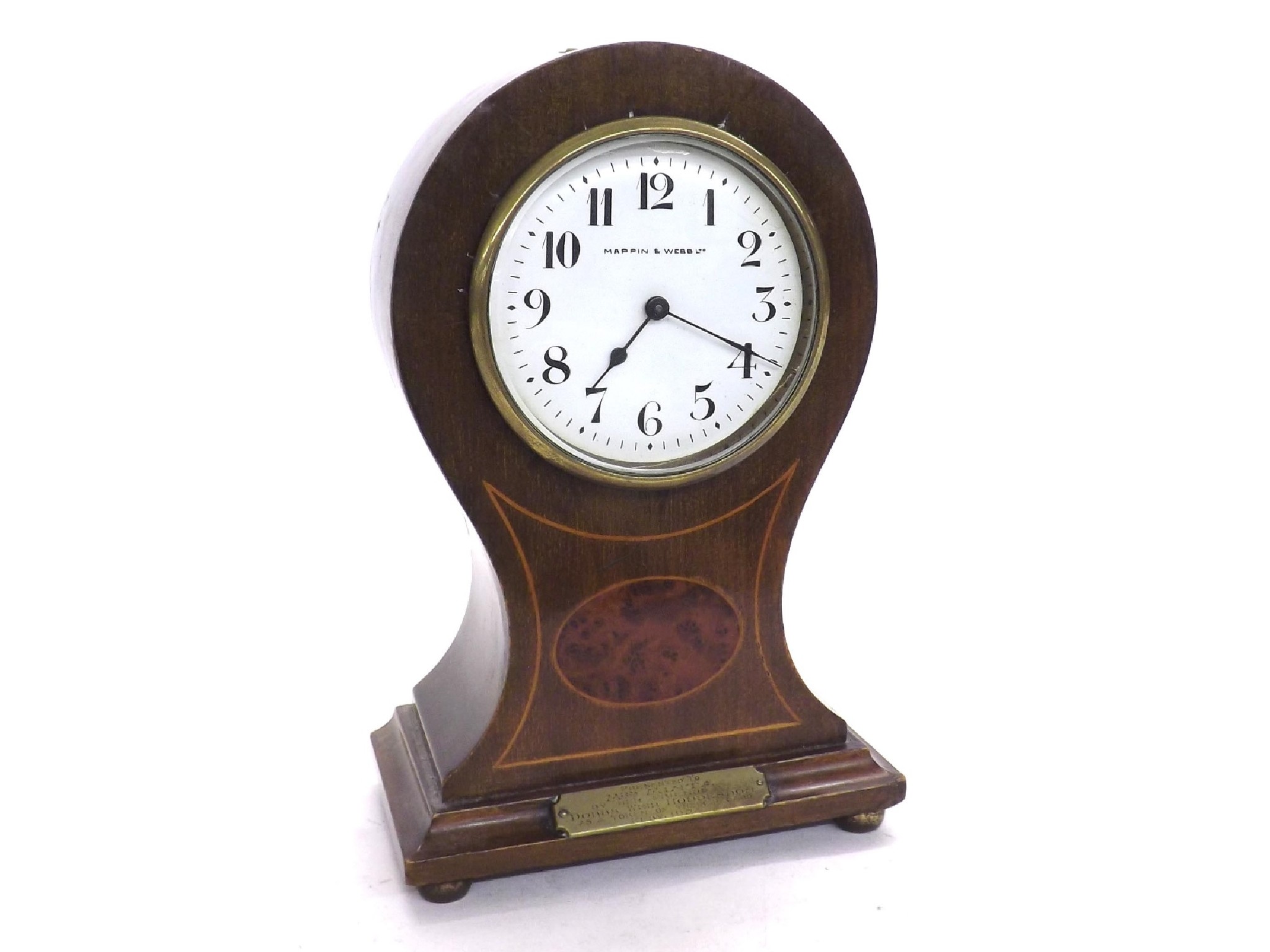 Appraisal: French mahogany inlaid balloon mantel clock timepiece the white dial