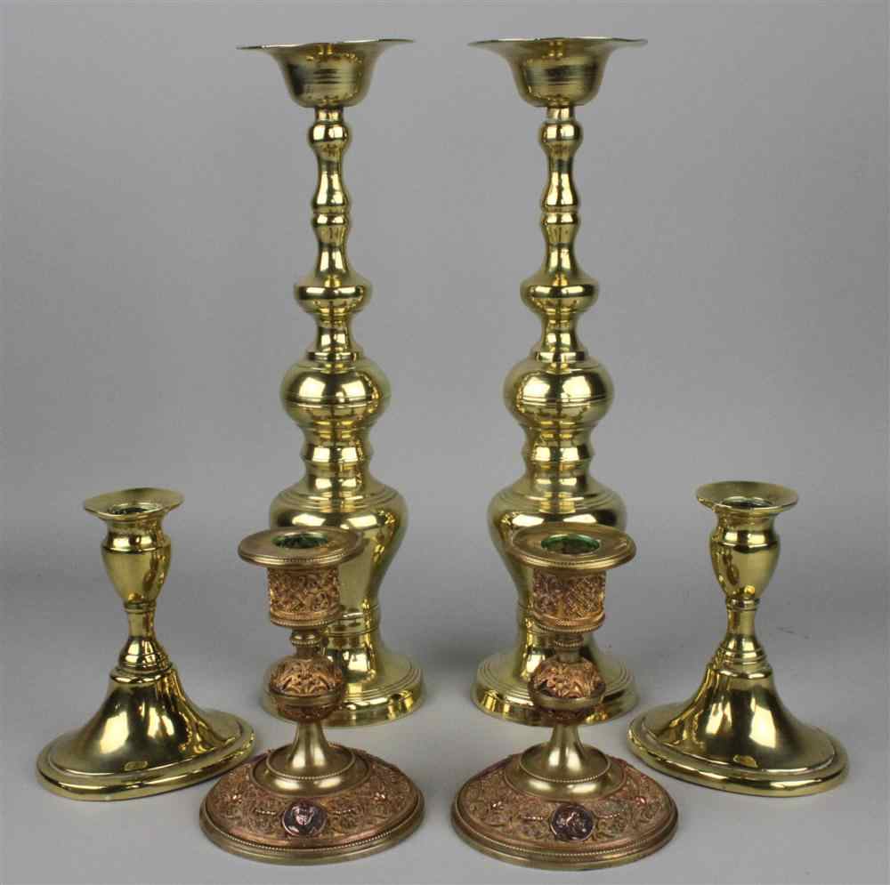 Appraisal: THREE PAIRS OF BRASS CANDLESTICKS including one short pair with