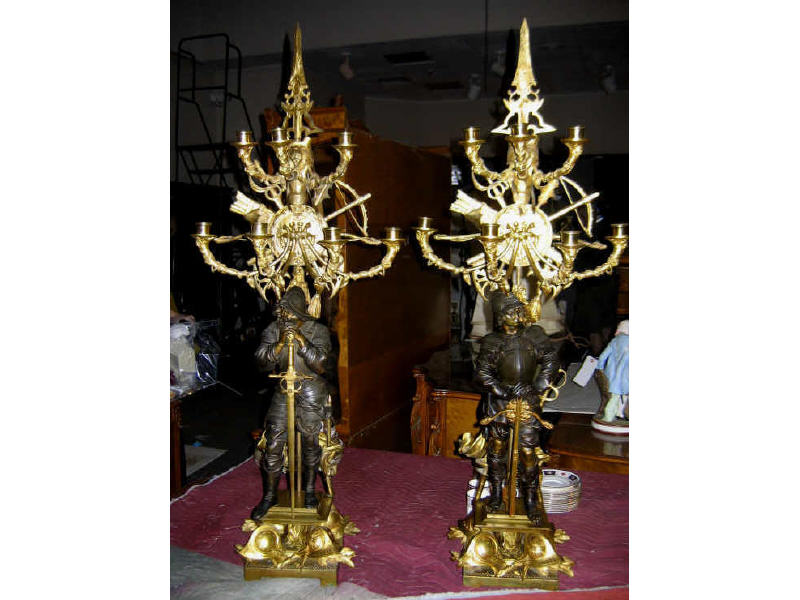 Appraisal: IMPRESSIVE PAIR OF BRONZE FIGURAL CANDELABRA Brown patinated and gilt