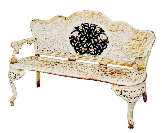 Appraisal: English painted cast-iron garden bench wavy back with floral-and-flower cartouche