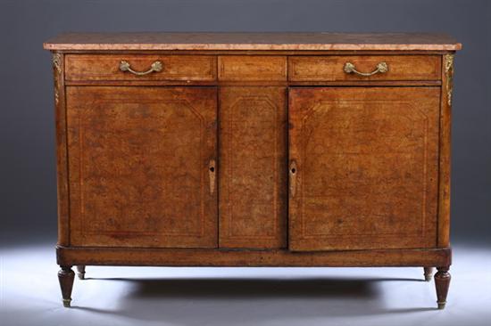 Appraisal: LOUIS XVI STYLE MARBLE-TOP BURLWOOD COMMODE th century gilt metal