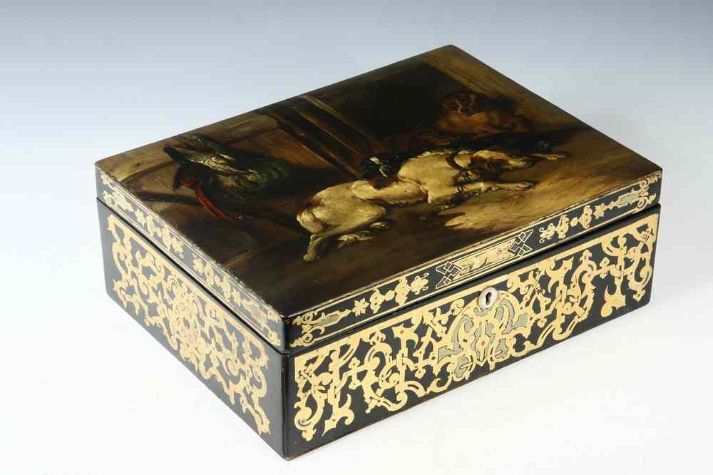 Appraisal: ENGLISH SEWING BOX - Victorian Sewing Box with hunting dog