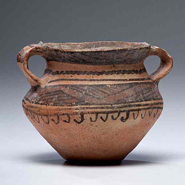 Appraisal: Chinese Neolithic Vessel a neolithic terra cotta two-handled ovoid-form pot