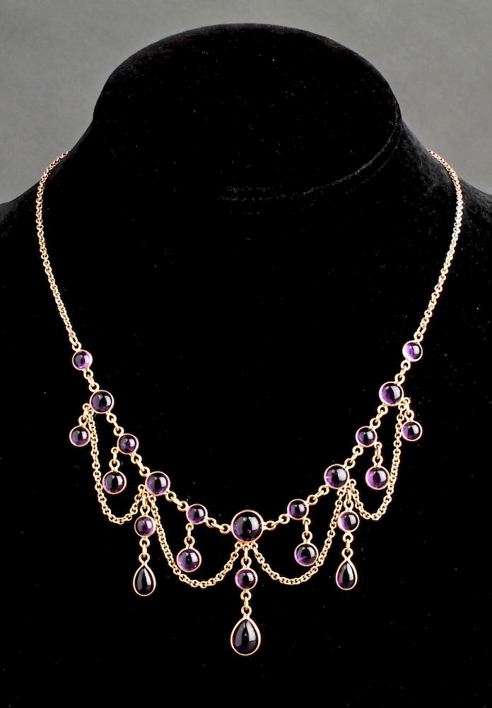 Appraisal: K Gold Cabochon Amethysts Dangle Necklace K yellow gold with