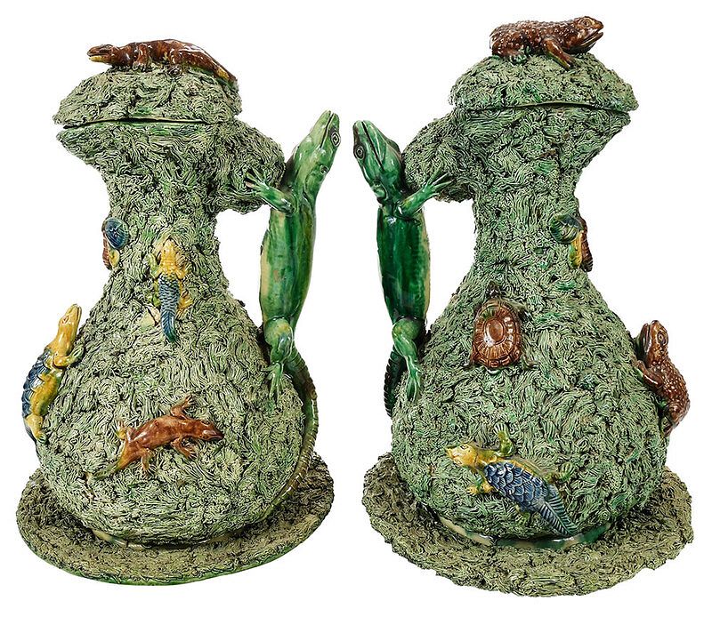 Appraisal: Pair Palissy Style Covered Majolica Ewers Manual Mafra Caldac Portugal