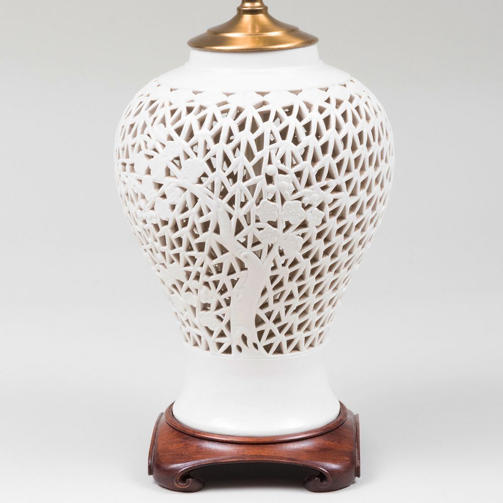 Appraisal: Chinese Porcelain Reticulated Jar Mounted as a Lamp of Recent