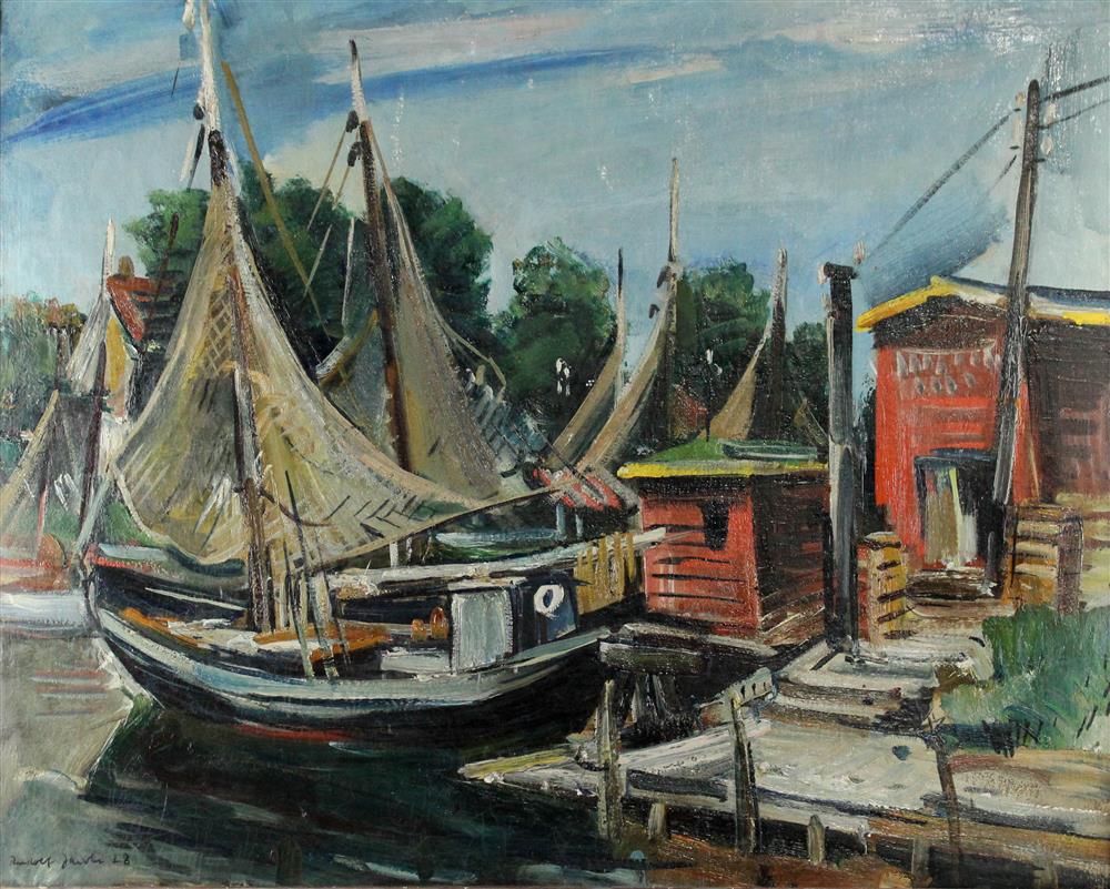 Appraisal: RUDOLF JACOBI AMERICAN - HARBOR SCENE Oil on canvas x