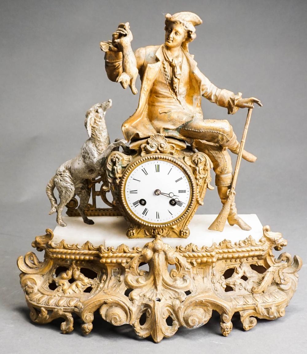 Appraisal: CONTINENTAL PATINATED BRONZE AND ALABASTER HUNTING SCENE FIGURAL CLOCK H