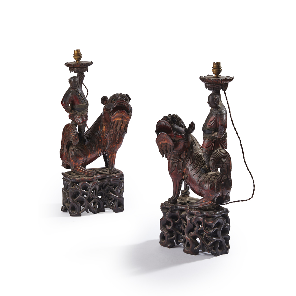 Appraisal: PAIR OF UNUSUAL EXPORT 'BUDDHIST LION' LAMPS QING DYNASTY TH