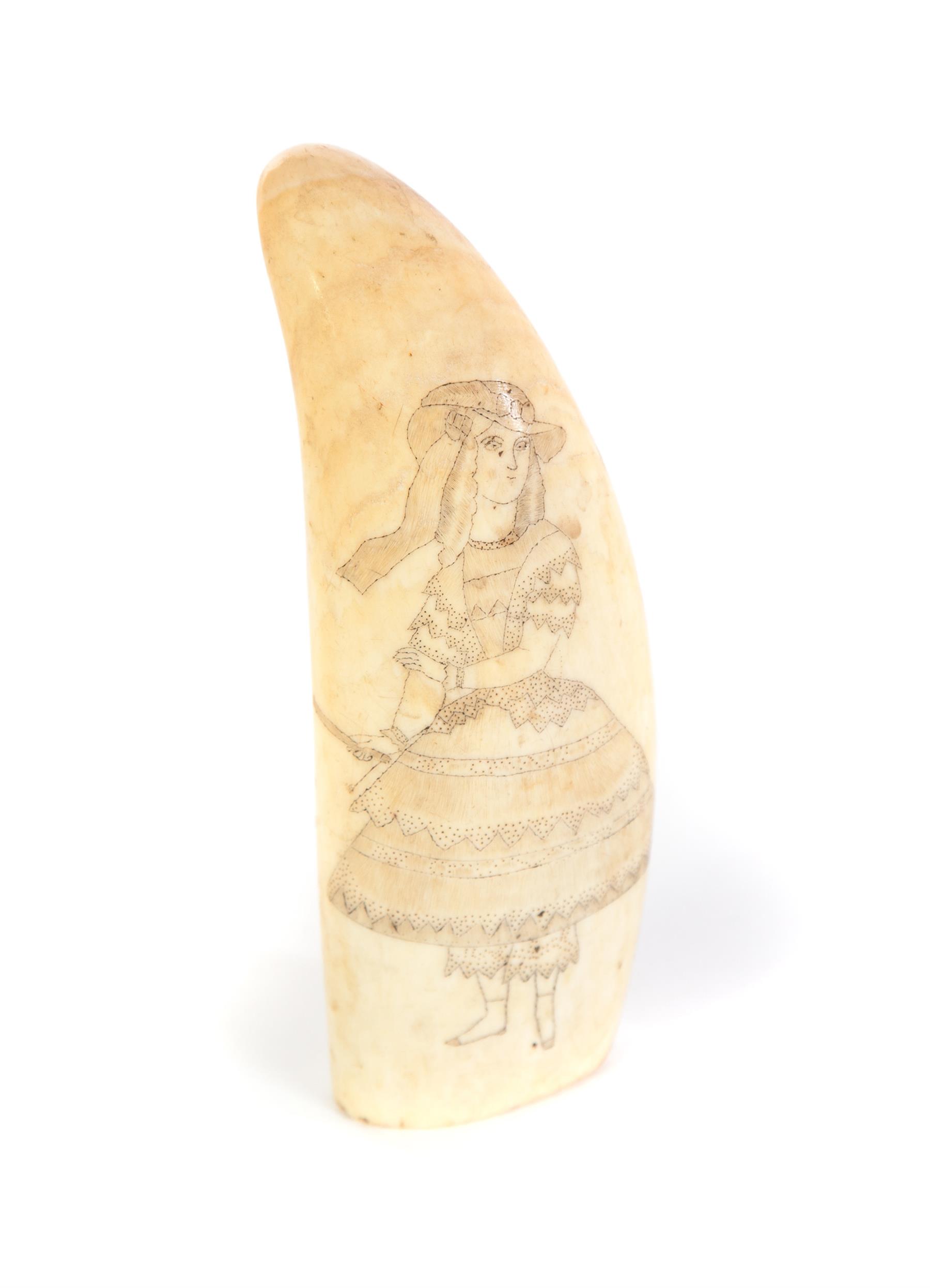 Appraisal: SCRIMSHAW WHALE TOOTH Mid th century Young woman with fan