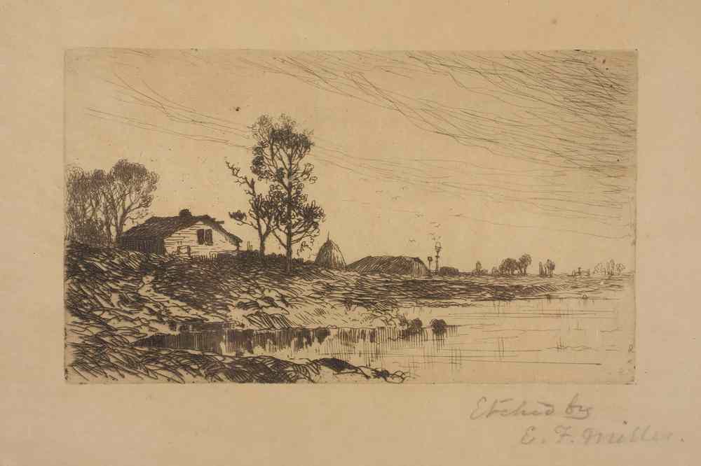 Appraisal: ETCHING - Cottage by the Water pencil signed lr 'E