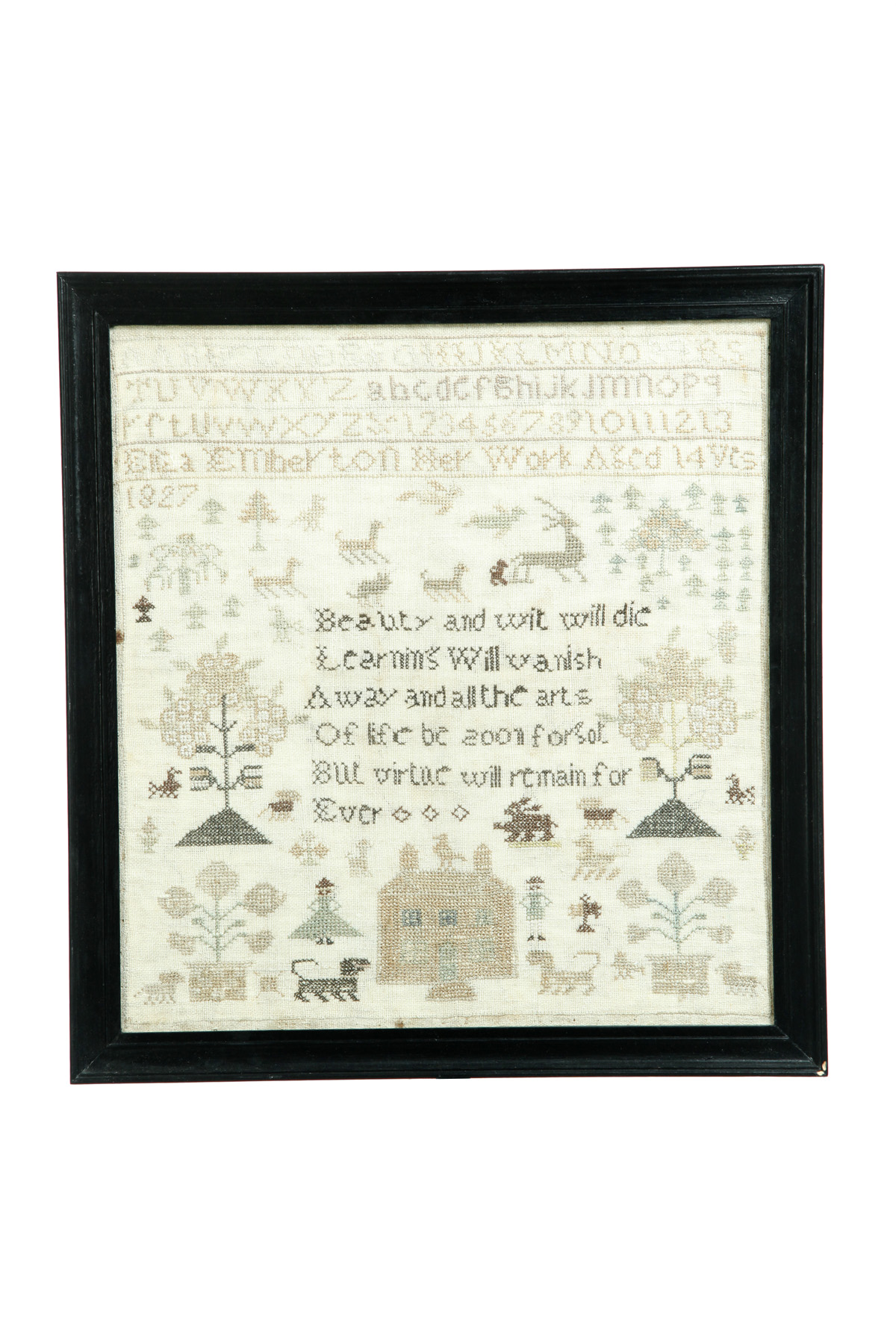 Appraisal: SAMPLER American dated silk on linen Pious verse surrounded by