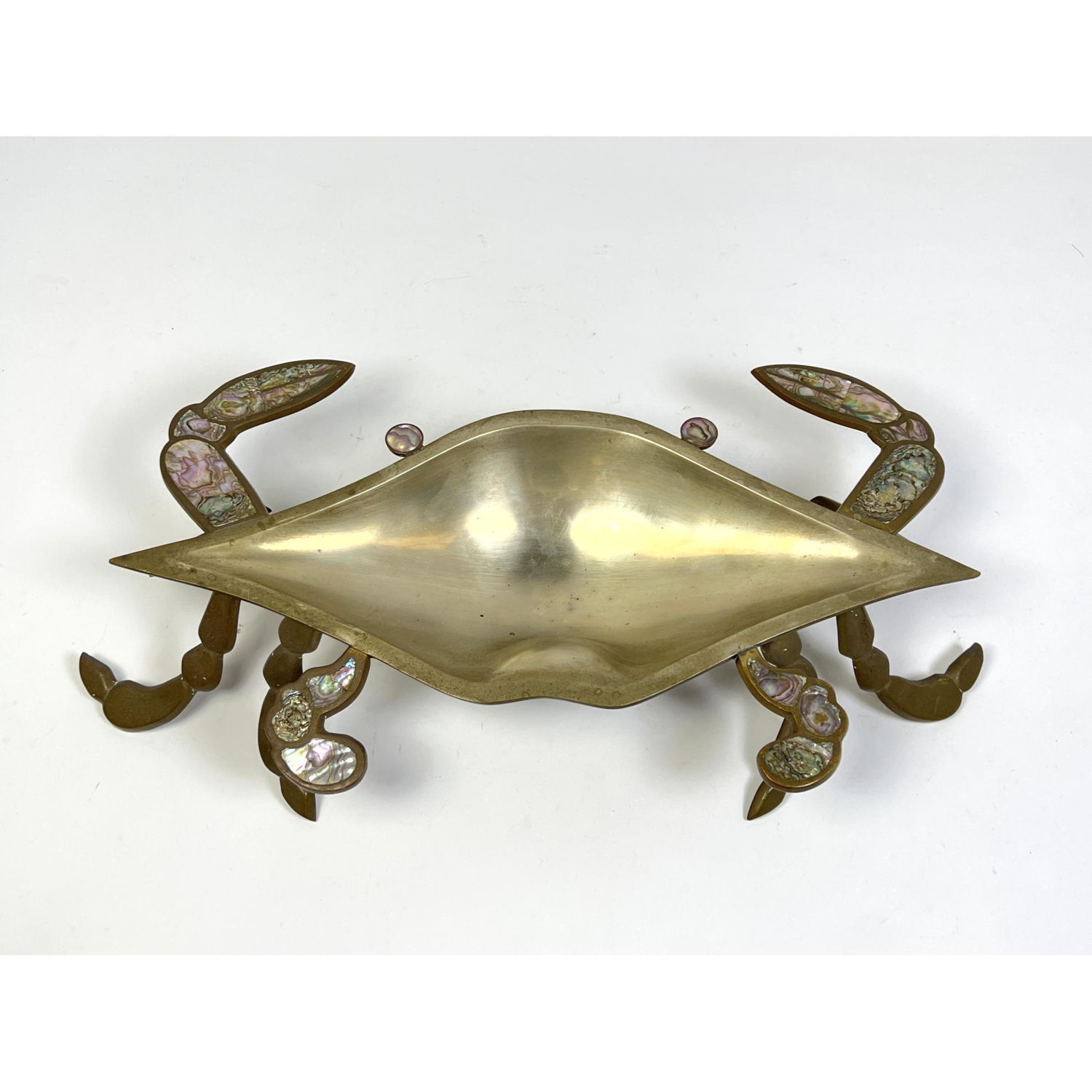 Appraisal: Hand wrought Mixed Metal Crab Sculpture Dish Abalone inlay Dimensions