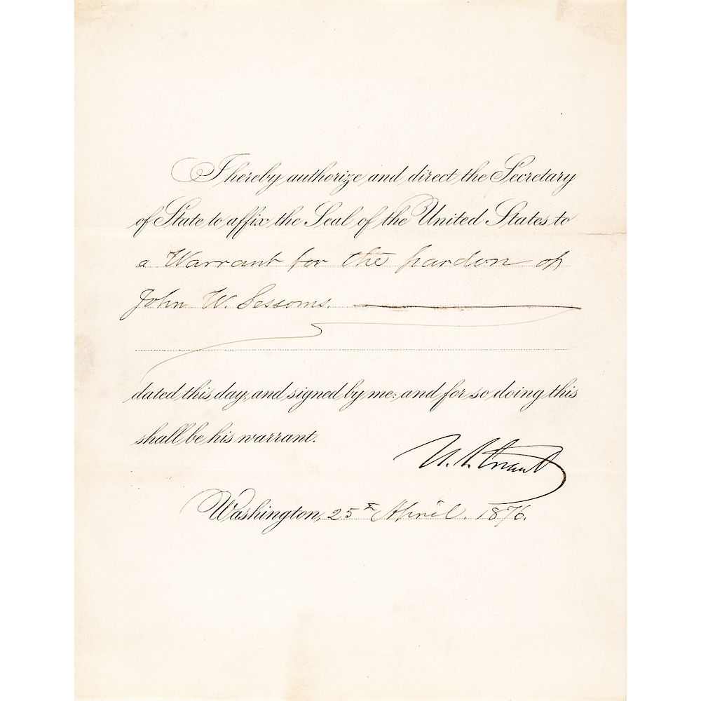 Appraisal: ULYSSES S GRANT Signed Presidential Warrant for a Pardon at