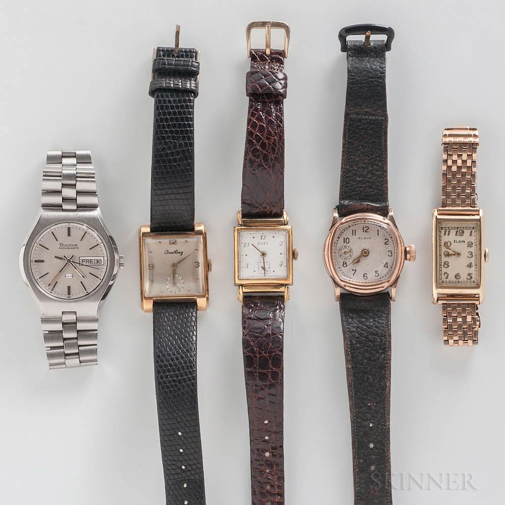 Appraisal: Five Vintage Wristwatches Five Vintage Wristwatches an kt gold Breitling